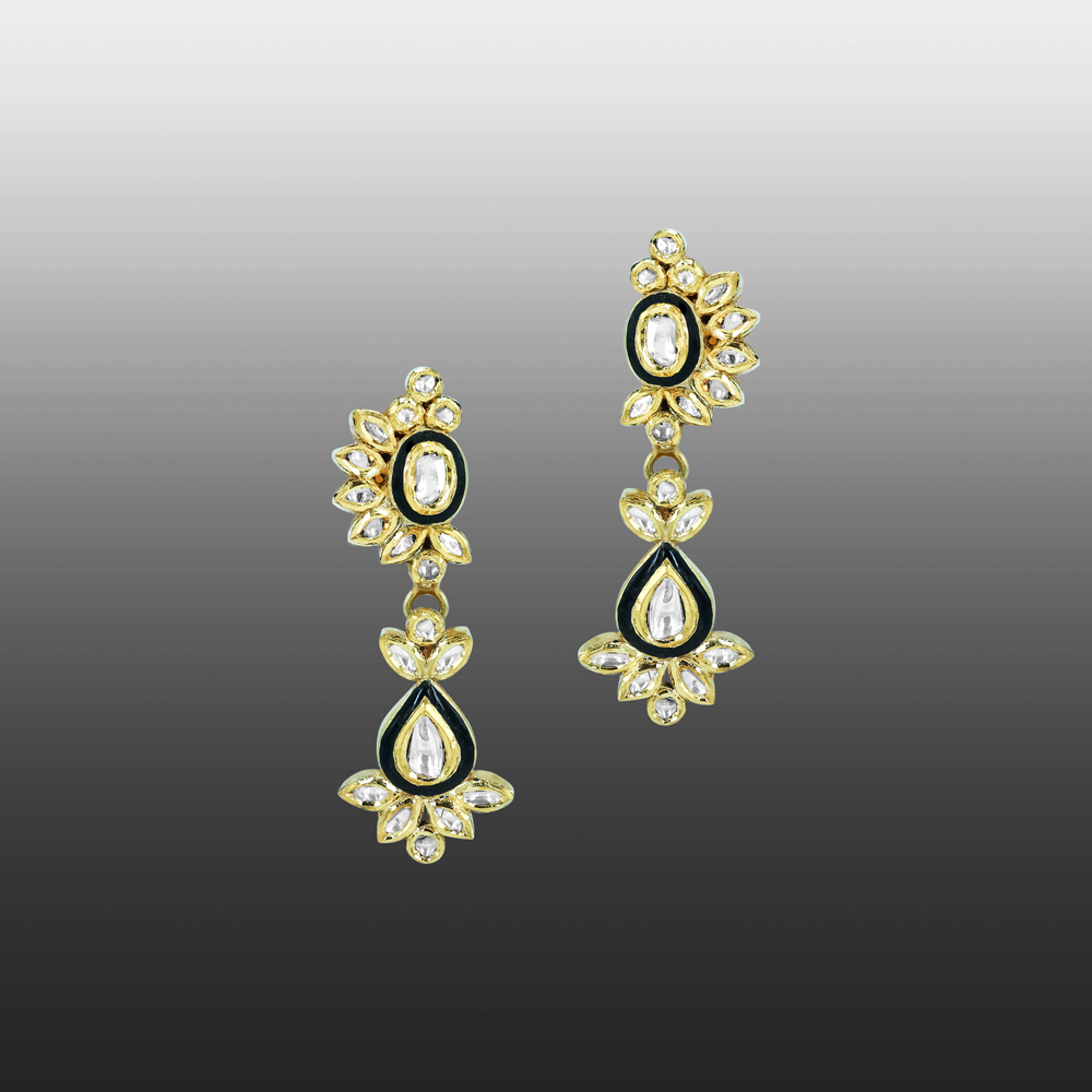 Polki Earrings with Black Meena and Teardrop Polki